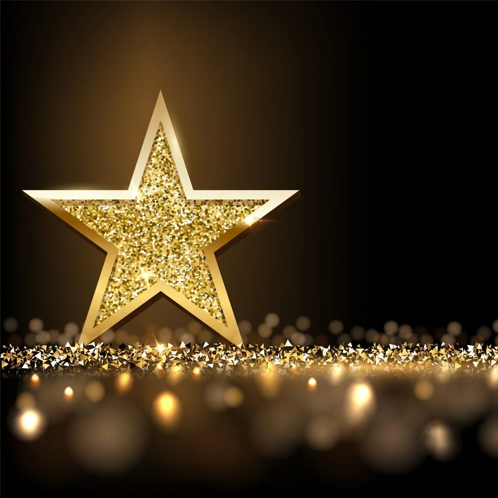 Golden sparkling star isolated on dark luxury horizontal background. Vector design element.