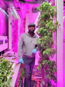 Otho Farrow, founder of Metropolis Greens in South Bend, stands beside a tower of large-leafed kale grown in his vertical farm. 