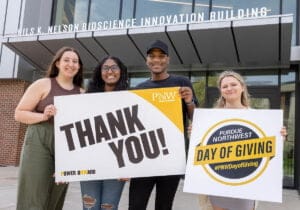 Purdue University Northwest (PNW) students thank donors for contributing a record of more than $2.85 million to the university during the annual Day of Giving fundraising event. Participation in PNW Day of Giving increased by 34% from 2022.